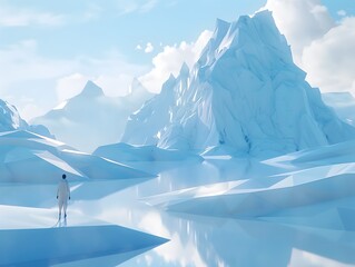 Solitary Adventurer Explores Vast,Frozen Landscape of Geometric Peaks and Reflective Glacial Pools