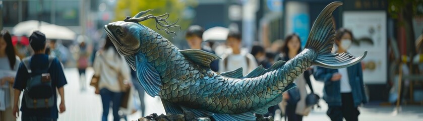 Nonsensical mermaid peacock statue in city square captivated passersby