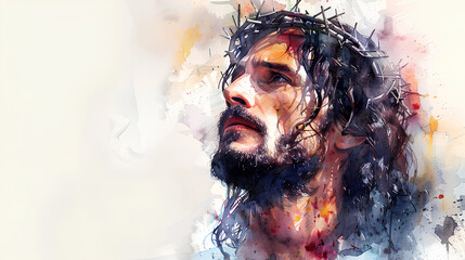 Jesus Christ, watercolor style, wearing the crown of thorns - obrazy, fototapety, plakaty
