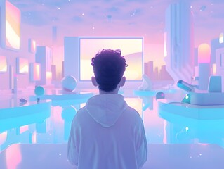 Solitary Gamer Captivated by Minimalist Game World in Serene Pastel Hues