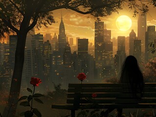 Solitary Reverie in the Urban Oasis A Pensive Woman Finds Solace Amidst the Vibrant City Skyline