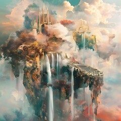 Surreal Dreamscape with Floating Islands,Waterfalls,and Hidden Portal to Another Dimension