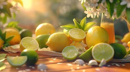 Tangy Citrus Medley:Lemons and Limes Adding Refreshing Flair to Dishes and Drinks - obrazy, fototapety, plakaty