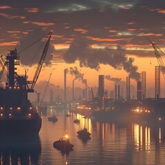 Tranquil Twilight Over an Industrial Cityscape:A Meditative of the Passage of Time and the Cycle of Work and Rest