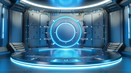 A round stage featuring bright metallic material with a transparent style, emphasizing commercial products and vibrant colors
