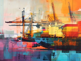 Vibrant Abstract Interpretation of an Industrial Seascape with Expressive Cargo Ships and Dynamic Crane Structures Amidst a Bold Colorful Composition