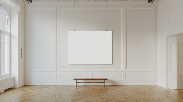 Empty white room with empty frame poster in wall ,modern interior design ,wooden floor, mockup ,product , window , studio , room
