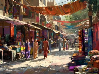 Vibrant Marketplace Bursting with Handcrafted Textiles,Lively Atmosphere,and Warm Afternoon Light in Painterly Style