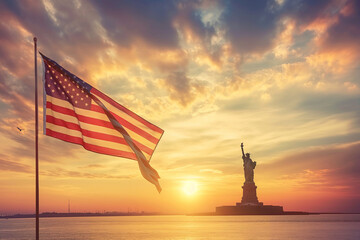The American flag waving in the foreground with a breathtaking sunrise over the Statue of Liberty in the background, showcasing the essence of freedom and democracy, patriotic, wit - obrazy, fototapety, plakaty