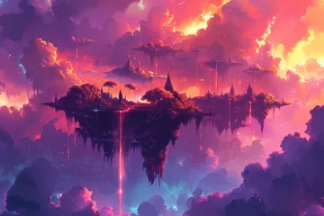 Deurstickers The surreal scene included floating islands, cascading waterfalls, vivid purples and pinks in the sky, and trees with luminous leaves © Fokasu Art
