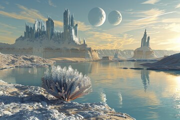 Surreal landscape with a river flowing uphill, trees growing crystals instead of leaves, sky with three moons