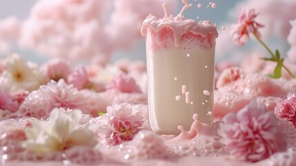 A glass of milk on a pink background . World Milk Day