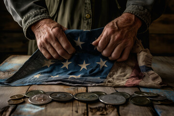 Close-up of a veteran's hands holding an aged and folded American flag, with medals and dog tags laid out on a wooden table in the foreground, Memorial Day, patriotic, with copy sp - obrazy, fototapety, plakaty