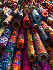 Vibrant Textile Market with Dazzling Array of Colorful Fabric Rolls Representing Global Fashion and Textile Trade