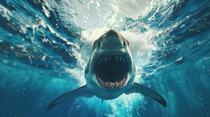 Portrait dangerous shark fish open toothy mouth swimming on the blue ocean underwater. AI generated