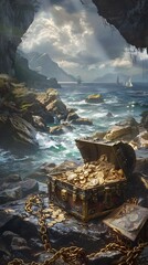Weathered Pirate Treasure Chest in Forgotten Shipwreck Amid Stormy Seascape