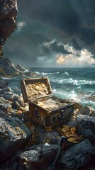 Weathered Pirate Treasure Chest Nestled Within Forgotten Shipwreck on Rocky Island Surrounded by Glistening Ocean and Stormy Sky
