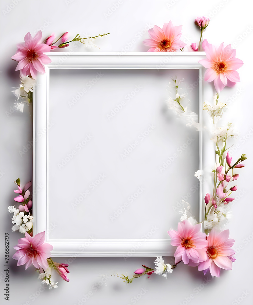 Poster empty frame and bright flowers around the edges