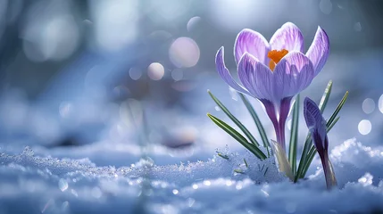 Gordijnen crocus flowers in snow © Olha