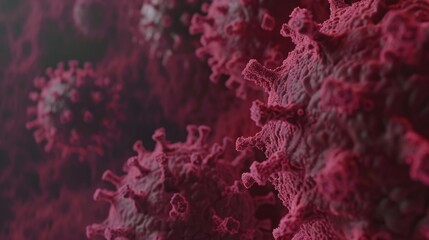 Microscopic image of red virus particles, highlighting details of the infectious agent's structure.