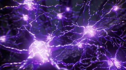 Abstract representation of electric neural activity in the brain with dynamic blue and purple light effects.