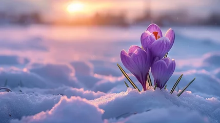 Poster crocus flowers in snow © Olha