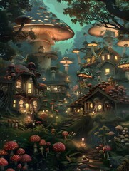 Whimsical Mushroom Village Thriving in Enchanted Forest with Glowing Flowers and Fantastical Inhabitants