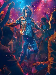 Young man joyfully dancing and celebrating with friends in a vibrant and electric atmosphere