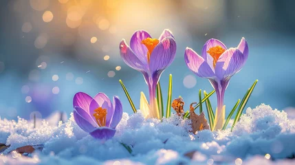 Deurstickers crocus flowers in snow © Olha