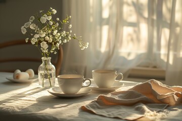 Morning breakfast set, featuring soft lighting and cozy atmosphere, Sunlit tabletop setting with two steaming cups, book, and vase of fresh flowers, offers sense of calm and comfort.