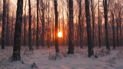 Sunset in the wood between the trees strains in winter period. Sunset in the forest