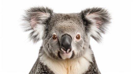Portrait close up a funny male australian koala bear isolated of white background. AI generated
