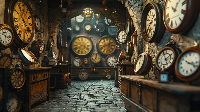 Whimsical idea of a clock shop where time moves backwards, clocks spinning in reverse, curious shoppers, timeless theme