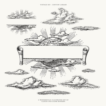 Globe and Clouds Vector Lineart Illustrations