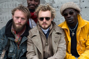 Fototapeta premium Casual day out, friends of sizes enjoying the city life, Three fashionable men seated together, diverse in appearance, with relaxed postures. Group camaraderie strong in urban setting, cool air..