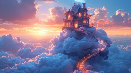Absurd architecture with a spiral staircase leading to nowhere, house built upside down on a cloud, background of an evening sky