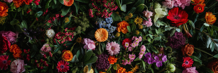 Fototapeta na wymiar Colorful display of various fresh flowers and foliage creating a natural, vibrant wall in full bloom.