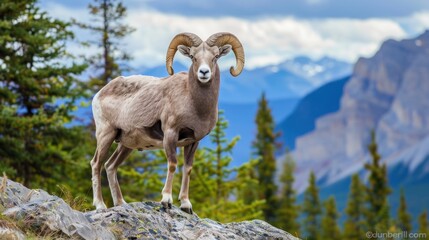 Portrait a standing ram bighorn sheep on the rock hill mountain landscape background. AI generated - obrazy, fototapety, plakaty