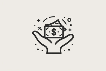 black save money icon, salary money, invest finance, hand holding dollar, line symbols