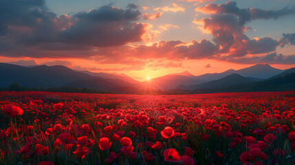  Landscape with a Nice Sunset over a Poppy Field,
Landscape view of sunset in a rose field
