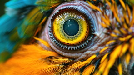 Closeup detail a beautiful yellow eye of parrot bird with blue feathers in macro view. AI generated