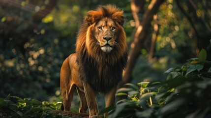 Naklejka na ściany i meble Portrait of wild male lion animal standing on the nature green jungle. AI generated image