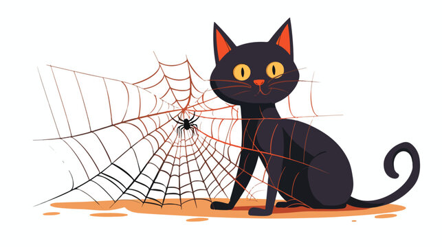 Cat and spider web vector Flat vector isolated on white background 