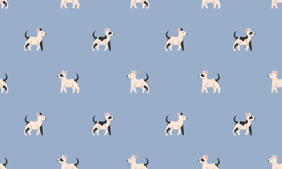 Seamless pattern with Cute Bull Terrier. Dogs of different breeds. Side view. Flat Vector illustration isolated on blue background