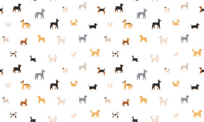 Seamless pattern with walking dogs of different breeds. Side view.  Flat Vector illustration isolated on white background