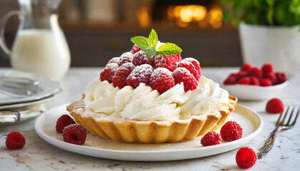 Pie with whipped cream and fresh raspberries on white table. Tasty dessert with berries. Sweet food.