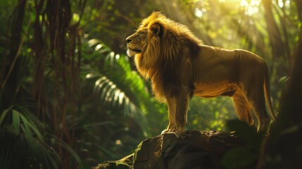 Portrait of wild male lion animal standing on the nature green jungle. AI generated image