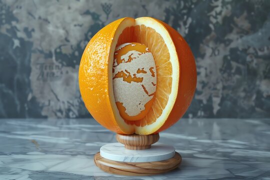 An orange with the world on it, made of wood and marble stand, globe base, orange skin, orange juice inside, hyper realistic photography