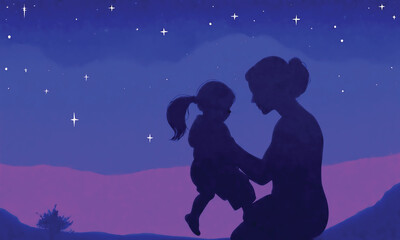 Happy Mother’s Day silhouette  illustration, Mom hugs her children with happy Mom's day love ,concept of World teacher’s day and International Women's Day.