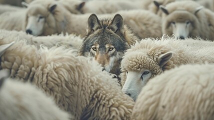 A wolf camouflage was among many sheep. AI generated image
